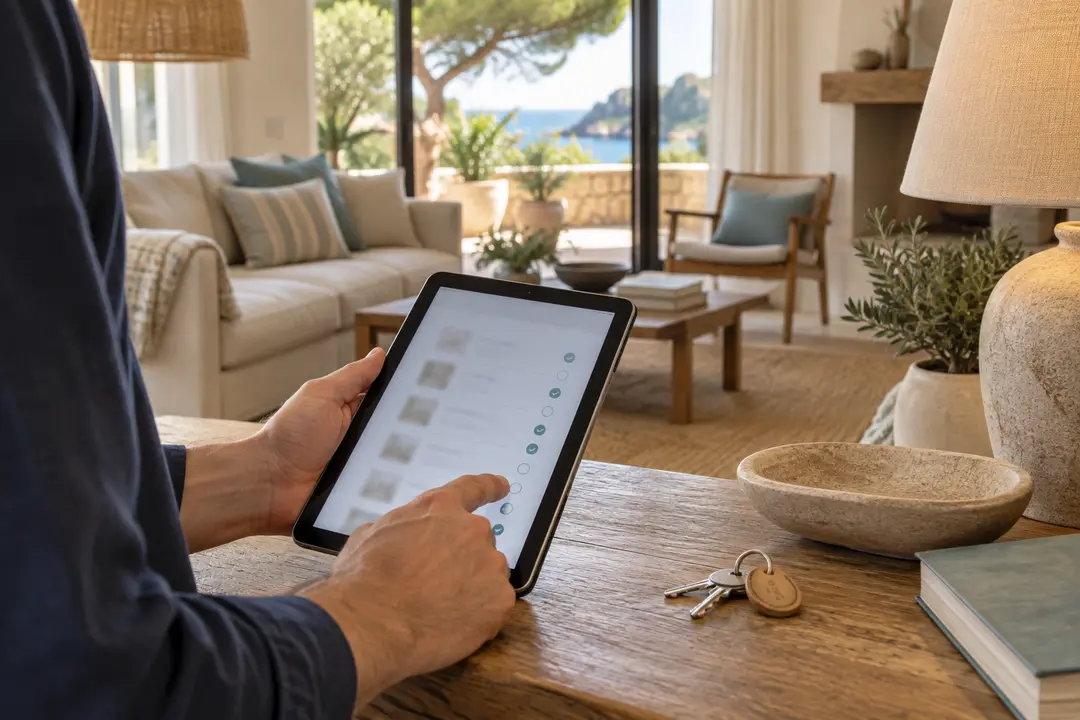 Property-care professional checking a Costa Brava home with a tablet and keys