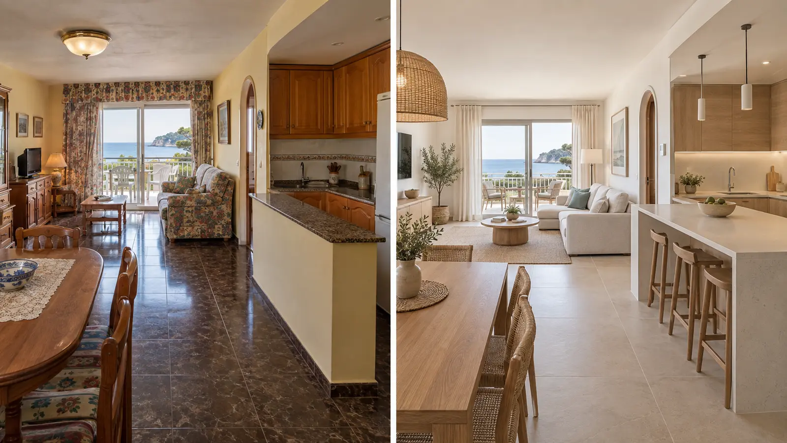 Illustrative before and after of a dated Costa Brava interior transformed into a modern Mediterranean home